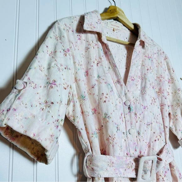 SOLITAIRE TIE DYE PINK FLORAL EYELET BARBIE BARBIECORE SHIRT DRESS BELTED XL - Picture 5 of 10